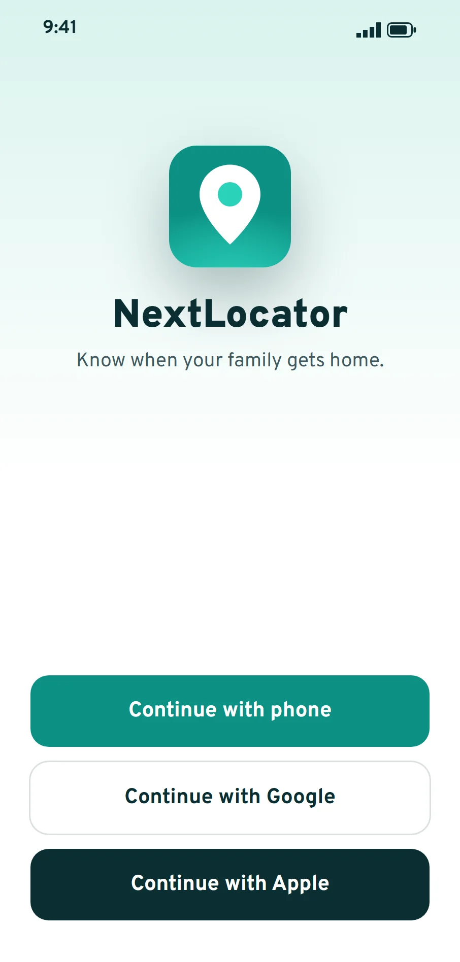 NextLocator sign-in screen with buttons to continue with phone, Google or Apple