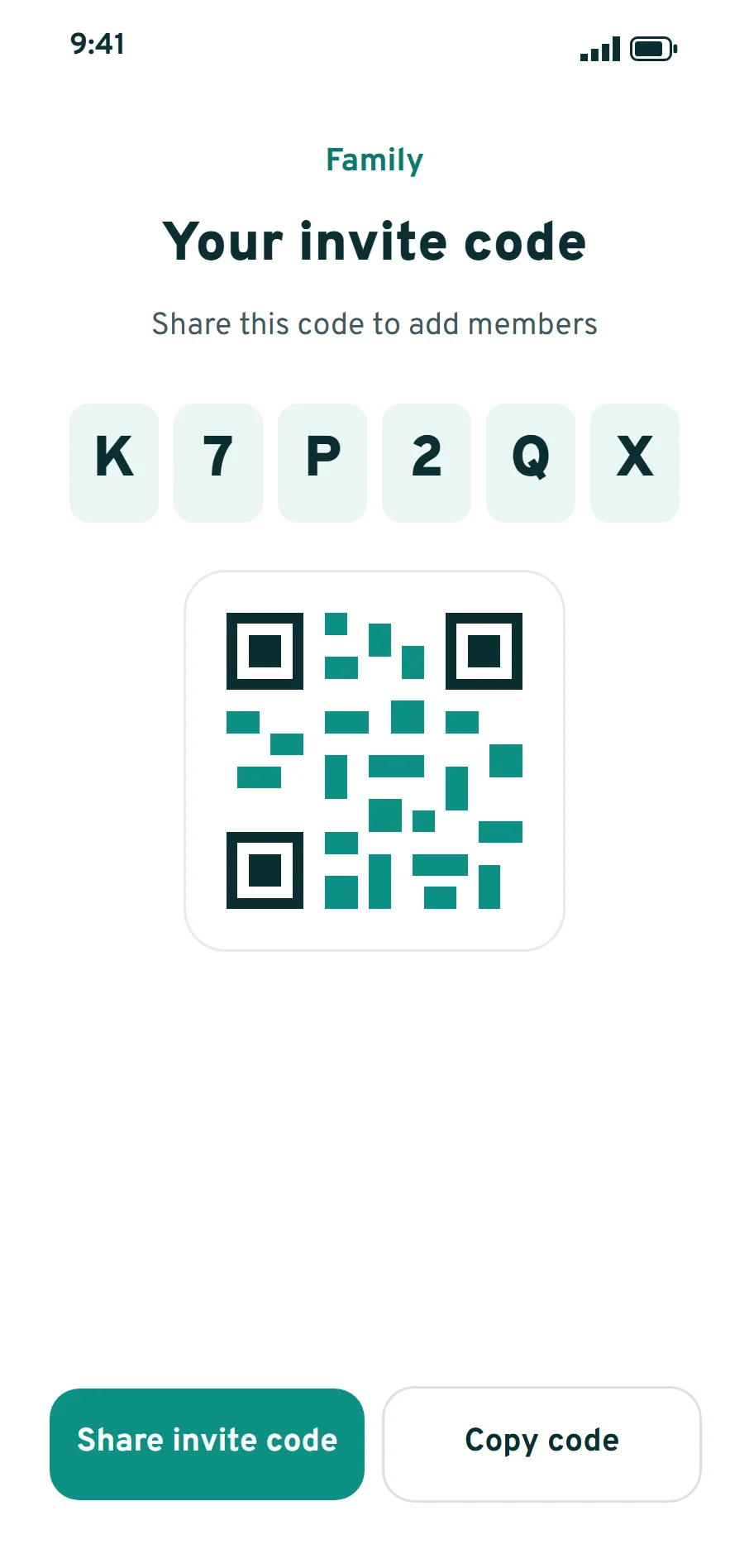 NextLocator invite code screen showing a 6-character code and a QR code