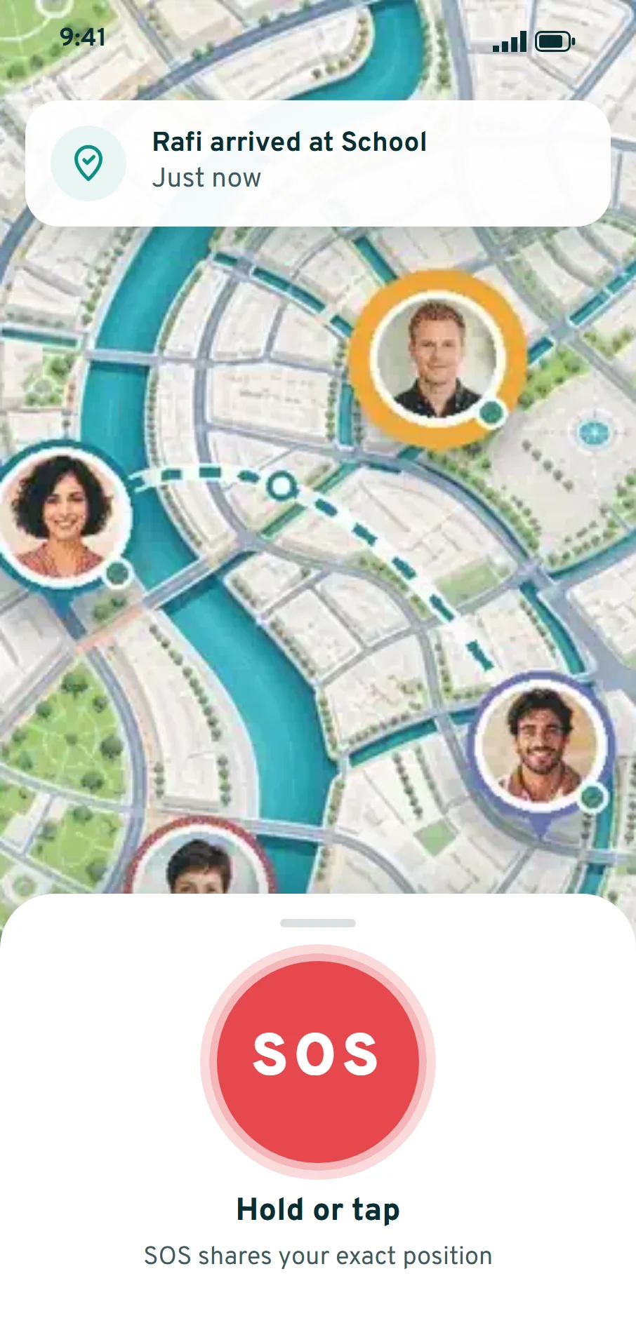 NextLocator live map with an arrival alert and the SOS button