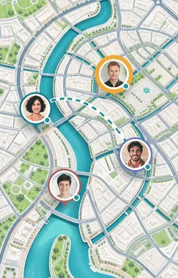 NextLocator map with family members on a city map and a dashed route between two of them